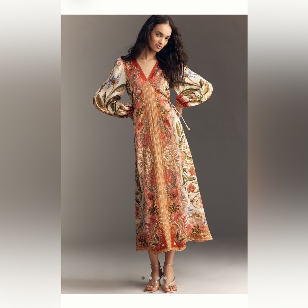 Farm Rio x Anthropologie Long Sleeve V neck Maxi Dress